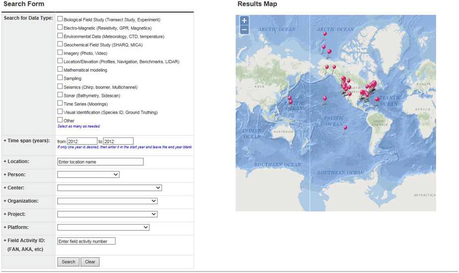 Field activity information search for the Coastal & Marine Geoscience Data System.