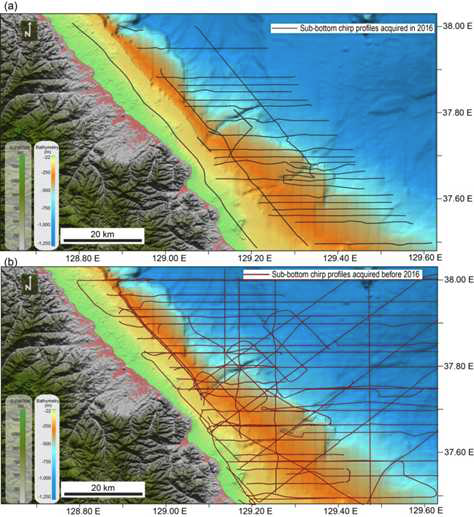 Bathymetry map of the study area showing the location of high-resolution sub-bottom chirp profiles acquired in 2016 and before 2016.