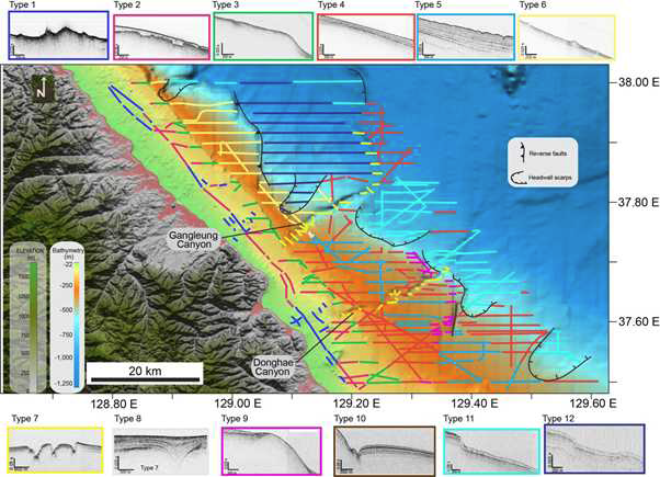 Echo-character map of the study area overlain by a multibeam bathymetric data. Echo types are shown on both the map and the profile frame by the same color.