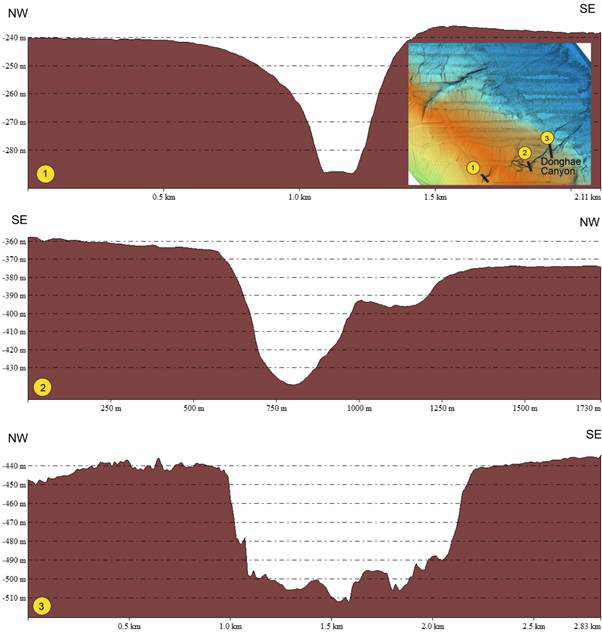 Bathymetric profiles 1, 2, and 3 across the Donghae Canyon, which range in width from 1500 m with a maximum relief of about 70 m.