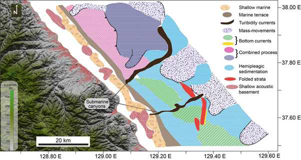 Aerial distribution map of the seven major types of sedimentary processes interpreted to have influenced sedimentation in the study area.