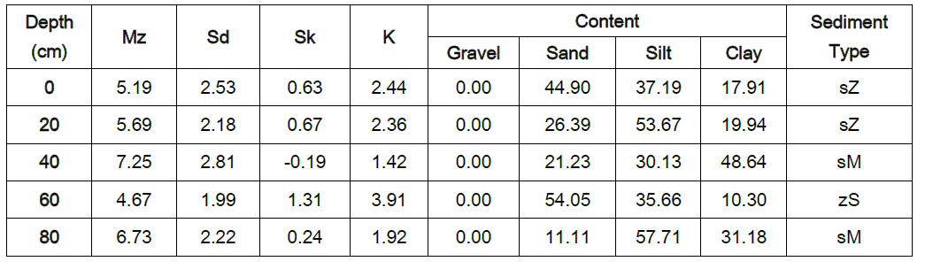 16MAP-P08 코어 깊이구간에 따른 입도(Mz), 분급도(Sd), 왜도(Sk), 첨도(K) 및 조직별 함량(%)과 퇴적물 유형