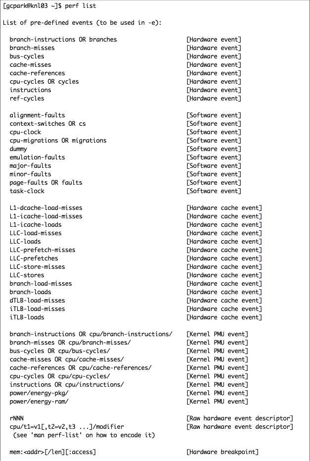 인텔 KNL에서 사용 가능한 perf event 리스트