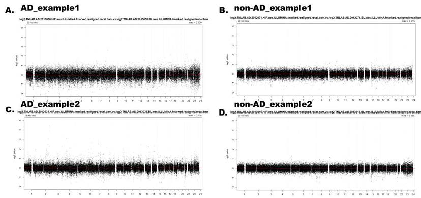 CopywriteR을 통해 분석한 AD 환자(A, C) 및 non-AD 대조군(B, D)의 somatic CNV 개형