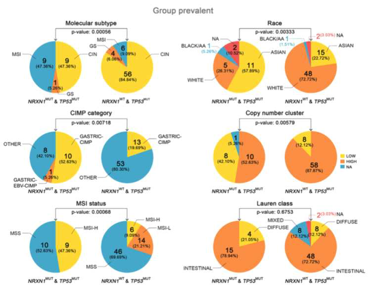 TP53MUT-NRXN1MUT 그룹과 TP53MUT-NRXN1WT 그룹간 임상적 분자적 표현형 차이