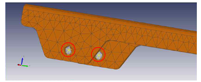 브라켓의 Hole 부분을 Rigid Link를 이용하여 회전이 허용되는 경계조건으로 생성한 모습