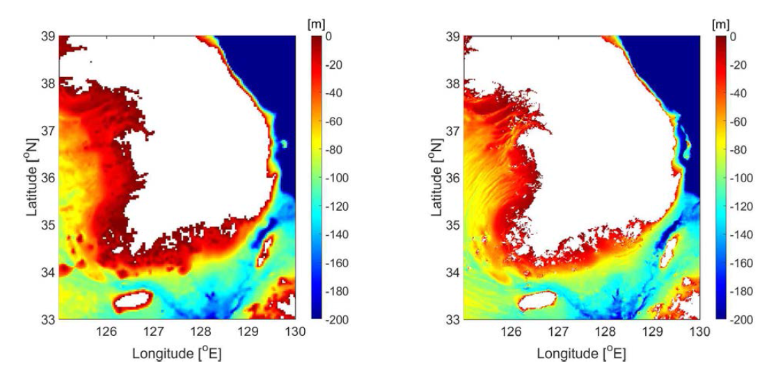 파랑모델에 사용된 기존 해양 지형자료(좌)와 고해상도 해양 지형자료(우)