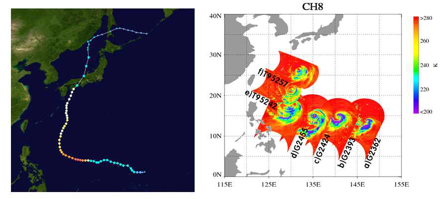 산출 대상으로 선정한 태풍 Halong track (left)와 TRMM/GPM에서 관측한 태풍 사례