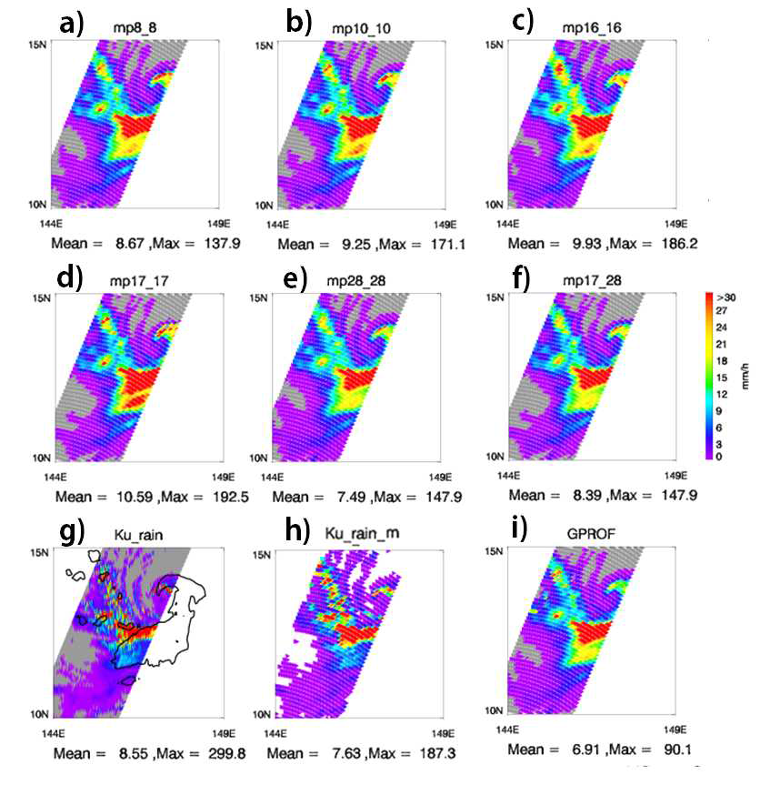 태풍 Halong 2362orbit 관측에 대해 산출된 강우강도 ((a),b),c),d),e)는 하나의 미세물리 모수화 방법만을 이용하여 강우강도를 산출한 것이고, f)는 방출과 산란에 대해 최적의 미세물리 모수화 방안을 선정하여 강우강도를 산출한 결과이며, g)는 DPR에서 관측된 4km 해상도 강우강도이며, h)는 g)를 12km로 공간평균한 강우강도이며, i)는 GPROF 강우강도를 나타냄)