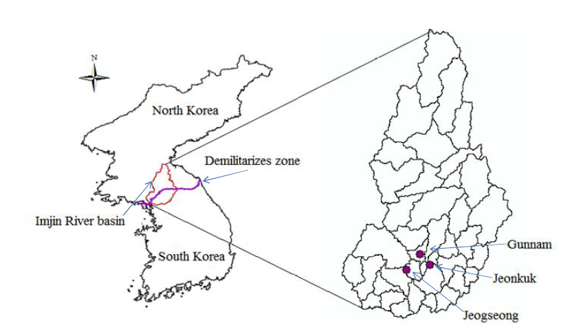 임진강 유역의 위치 및 SURR 모델의 소유역