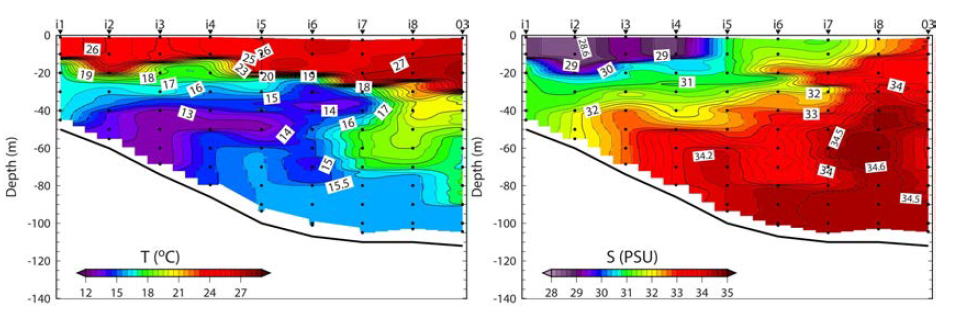 2016년 9월 I-단면의 수온 (좌)과 염분 (우)의 수직구조