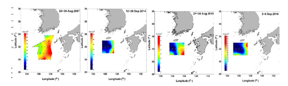 좌에서 우로 2007(8월 하순), 2014 (9월 중순), 2015년 (8월 하순), 2016년 (9월 초순) 해양열용량 (Ocean heat content)