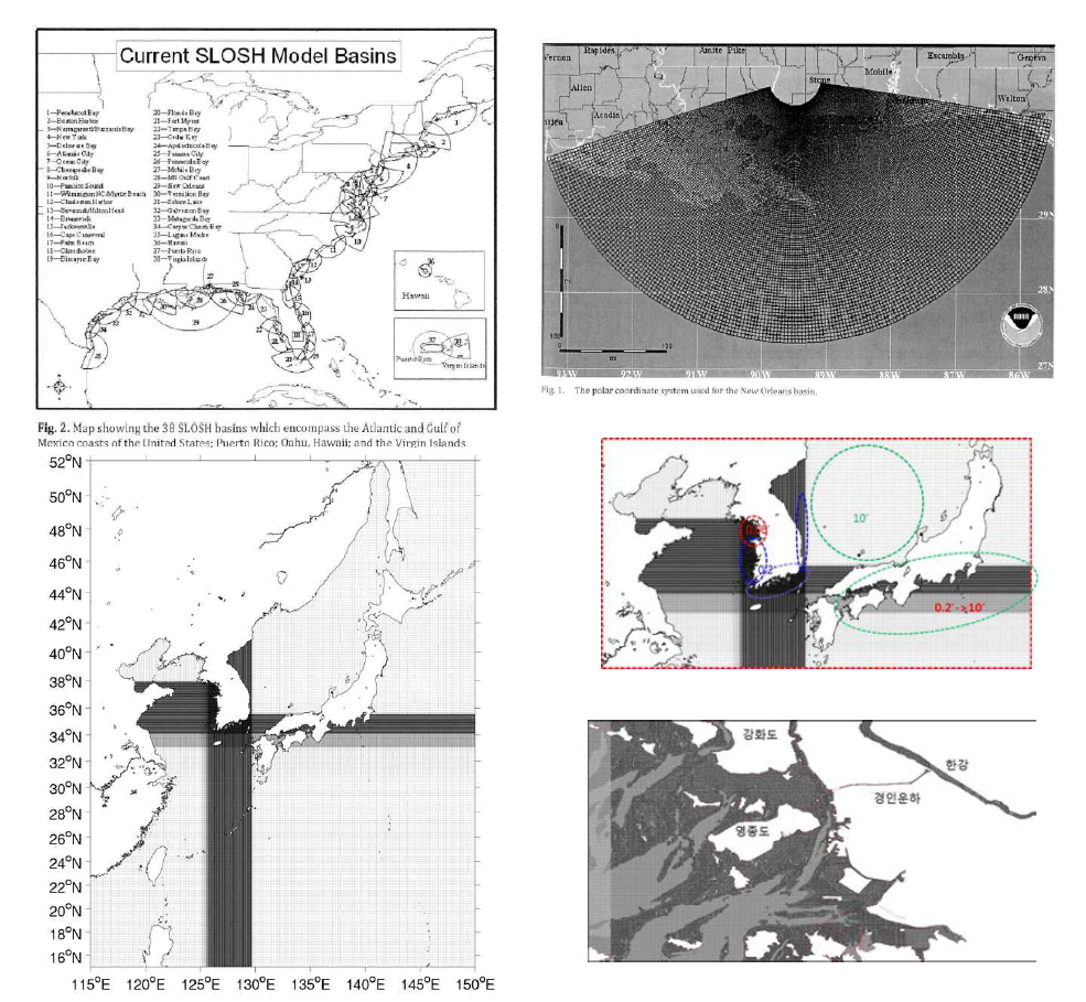 미동부 38개 영역 (좌상), 극좌표 격자망으로 구성된 세부역 (우상), 전영역(좌하), 연안 확장가변 격자망 구성도 (하우상) 및 경기만격자 (하우하)