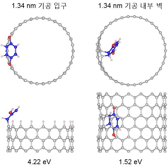 1.34 nm 탄소나노튜브의 입구와 내부 벽에 흡착된 HQ 분자의 흡착 구조와 에너지