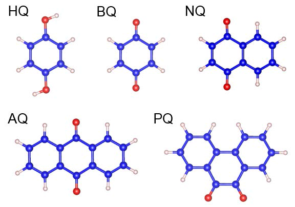 활성탄 표면에서 흡착 연구된 다양한 퀴논 분자들. 청색은 탄소원자, 적색은 산소, 그리고 작은 분홍색은 수소원자