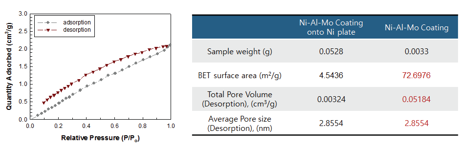 Ni-Al-Mo 코팅층의 BET 결과