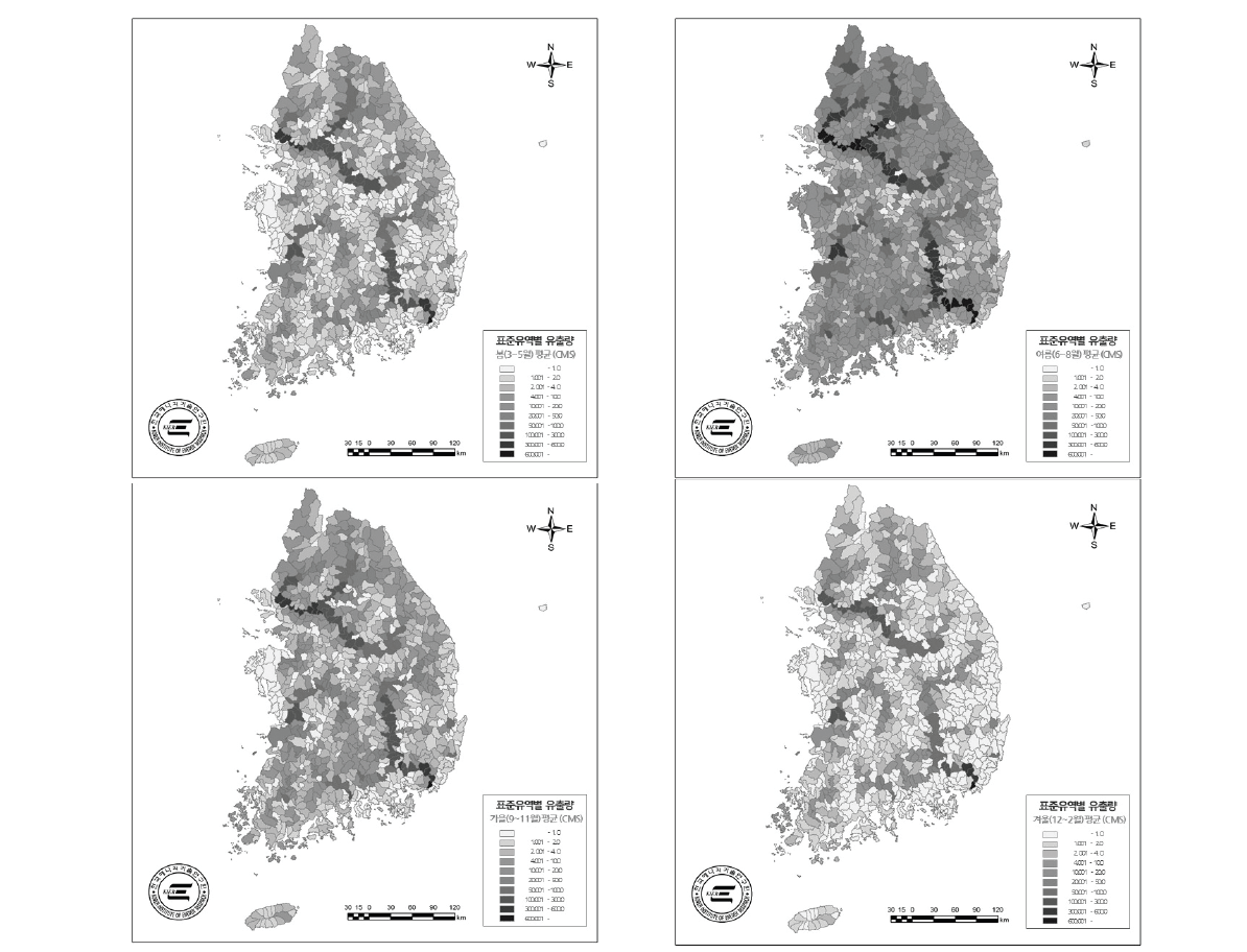 표준유역별 계절 평균 유량 주제도; (a) 봄, (b) 여름, (c) 가을, (d) 겨울