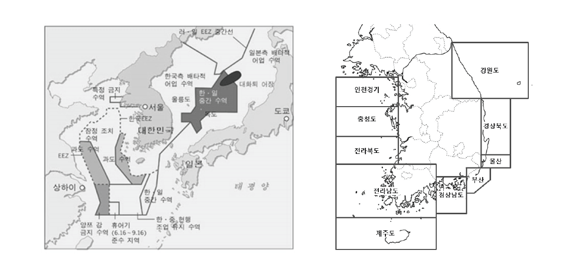 우리나라의 EEZ(좌) 및 조사구역 분류(우)