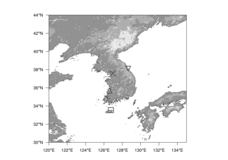 CLAVR-x 모형의 표출영역 및 관측지점 (서울:✕, 부안:△, 제주:□, 양양:▽). 출처 (Kim et al., 2016c)