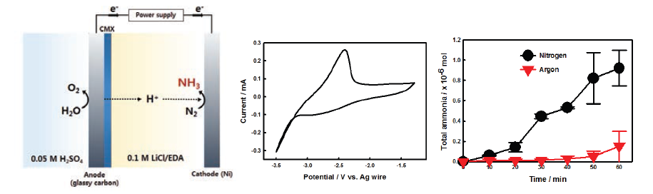 (왼쪽)에틸렌디아민 이용 전기화학적 암모니아 생산 셀 모식도, (가운데)에틸렌디아민의 안정성을 나타낸 CV그래프, (오른쪽)1.8V조건에서 암모니아 생산