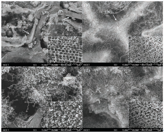 SEM of CNTs synthesized at 650℃ for (a)40, (b)60, (c)120, and (d)180 min.
