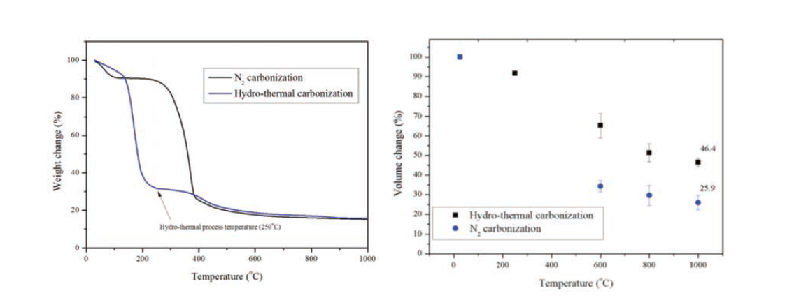 TGA and volume change results of during carbonization process