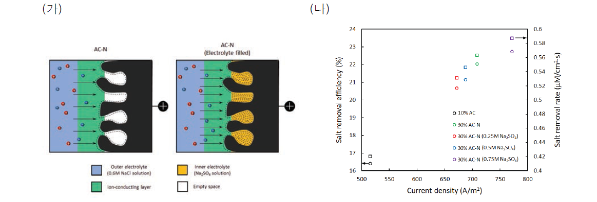 전해질 함침 코어셀 전극의 탈염 실험 (가) 전해질 함침 코어쉘 전극 (나) 탈염 실험