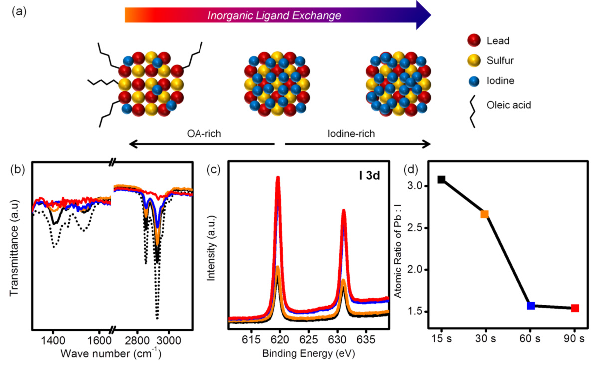 (a) 무기 할로겐 리간드 (I-) 공정 모식도. (b) Fourier transform infrared spectroscopy (FTIR) (c) X-ray photoelectron spectroscopy (XPS) 을 이용하여 리간드 치환 공정 최적화 (d)반응 시간에 따른 Pb 와 I 의 비율