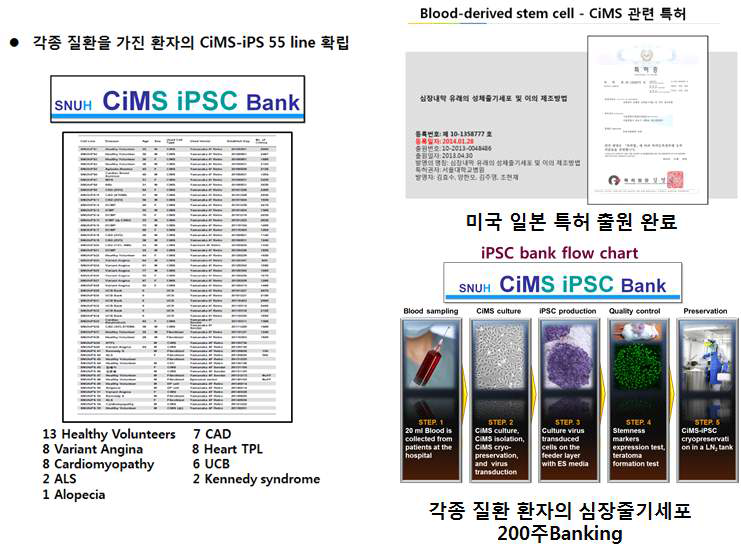 각종 질환별 CiMS-iPS 55 세포주 (좌). CiMS 제조방법에 관한 특허를 미국, 일본에 출원하였고, banking (200주 이상) 확보함