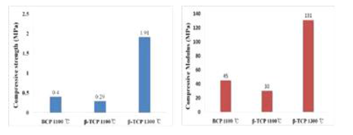 1100℃에서 소결된 BCP 인공지지체와 1100℃, 1300℃에서 소결된 β-TCP 인공지지체의 압축 강도와 변형률에 대한 결과