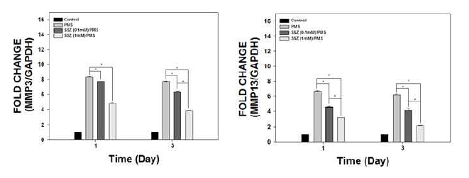 설파살라진이 함유된 PMSs의 MMP3(좌) 와 MMP13(우)의 mRNA 유전자 발현 분석