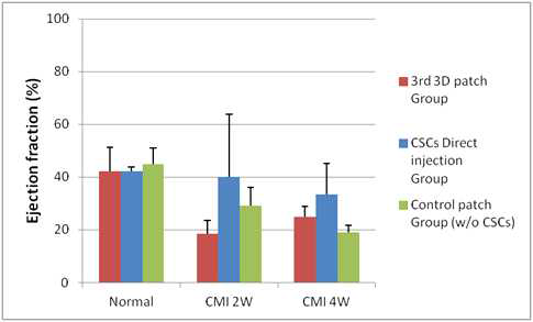 심근재생치료제와 제3형 패치 유도체의 이식기법 간 EF값의 비교