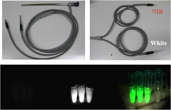 듀얼 광섬유 기반의 파이버 다발을 개발하여 흉강경에 내장함 (위). 흉강경을 통해 전달되는 낮은 형광 신호를(아래, 왼쪽) 충분히 증폭시켜(아래, 가운데) 원하는 정합 영상 이미지를 얻음(아래, 오른쪽)