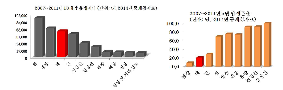 2007~2011년 10대암 유병자수 (단위: 명, 2014년 통계청자료) (좌) 2007~2011년 5년 암생존율(우)