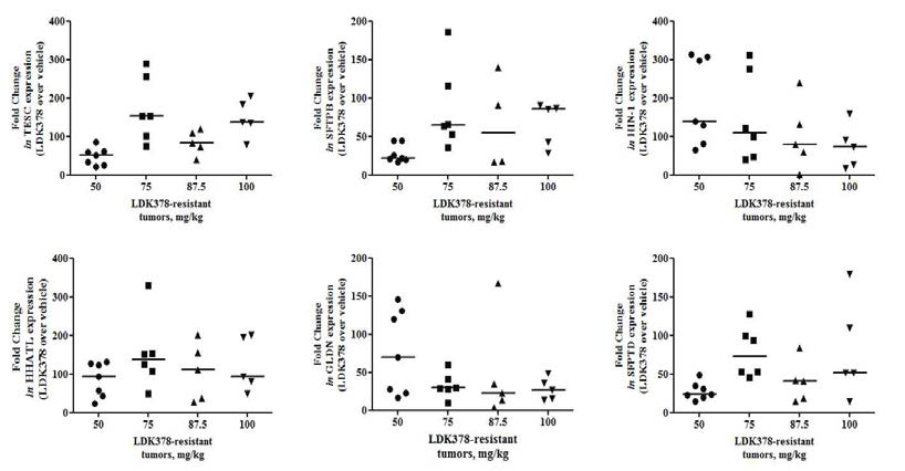 LDK378 획득 내성 모델의 Micaoarray 결과를 realtime PCR로 mRNA 발현 확인