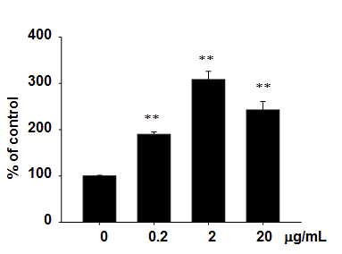 Hypocrellin A의 농도에 따른 GPR119 활성 ** p < 0.01: 음성 대조군 대비