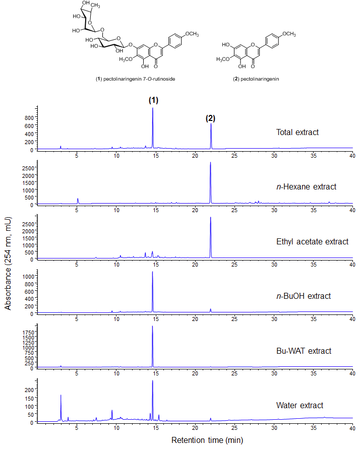 AC extract의 HPLC chromatograms 및 주요 화합물 구조