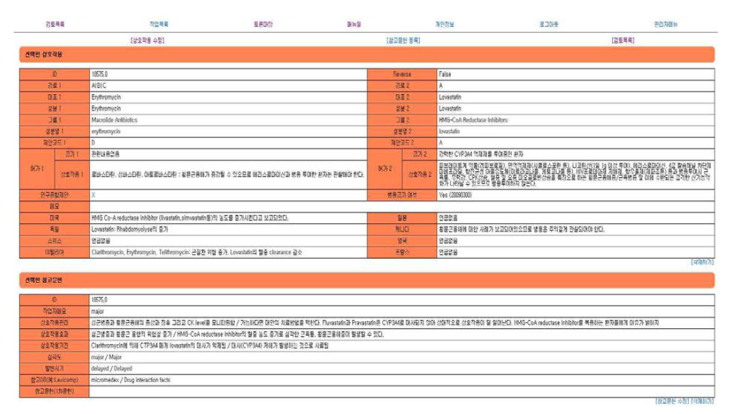 약물상호작용 데이터베이스의 화면 예시 (Erythromycin 과 Lovastatin)