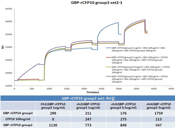 GBP-anti-rCFP10 group3의 농도를 1, 0.5, 5 ㎍/mL로 변화시켜 본 SPR 결과