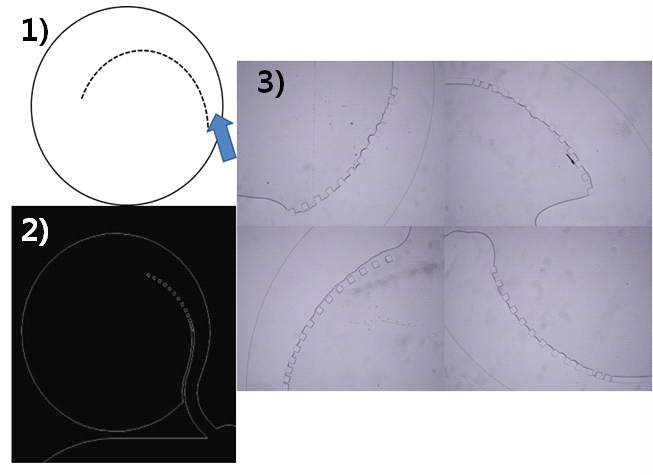 균과 아가로즈 혼합액의 균일한 주입을 위한 나선형 구조의 PDMS 칩 제작 1) 기본적인 모식도 2) PDMS 칩 제작을 위한 CAD 도면 3) 실제 제작된 PDMS 칩에서 아가로즈를 주입했을 때 균일한 개면을 형성한 경우.