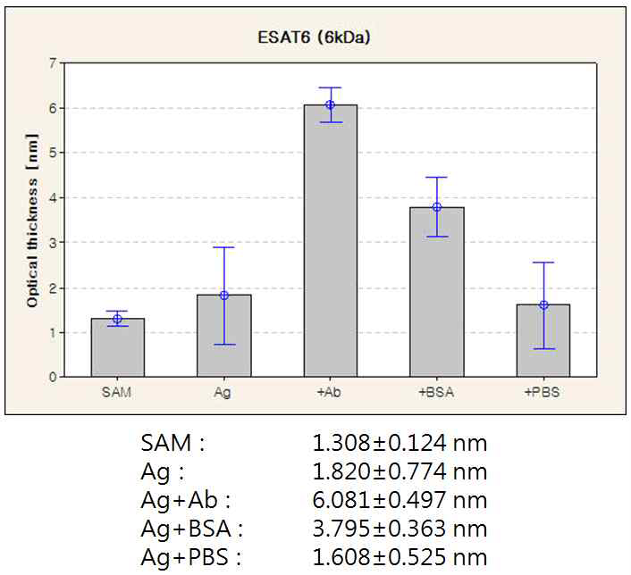 ESAT6 (6 kDa) 항원-항체 반응 단계별 ellipsometric thickness