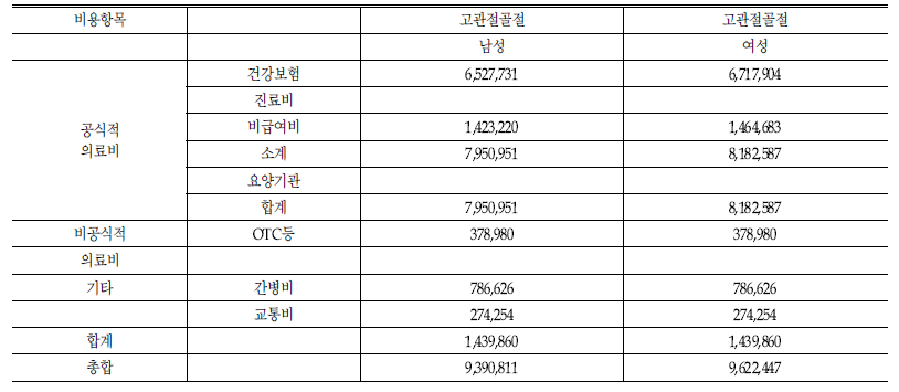 모형에 반영된 고관절 비용