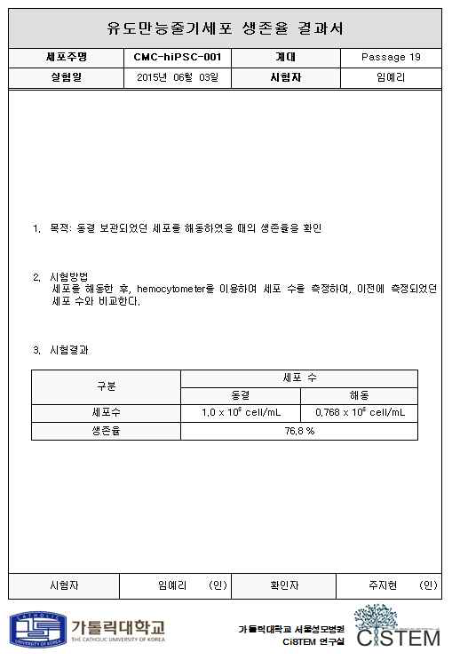 줄기세포주의 생존률에 대한 시험성 적서