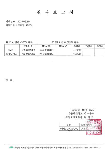 HLA 타입에 대한 시험기록서