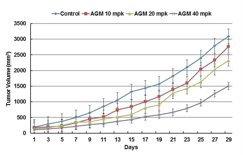 Effect of AGM-130 on tumor growth in MDA-MB-231 xenograft
