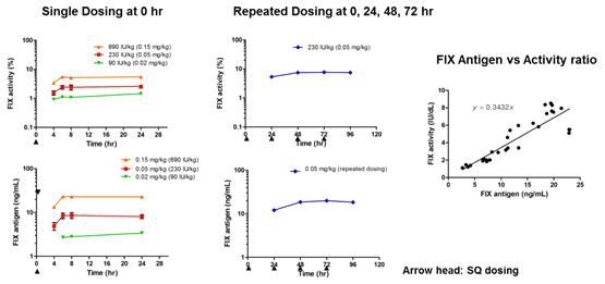 혈우병 생쥐에 ISU304를 피하를 통해 단회 (Single Dosing) 혹은 반복 (Repeated Dosing) 투여 후 혈장 내 FIX activity와 antigen의 약물동태 그래프 및 혈장 내 Antigen vs Activity 상관관계 그래프