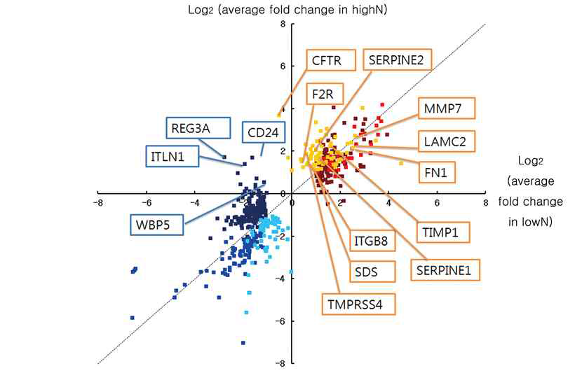 highN과 lowN group에서 differentially expressed gene의 average fold change