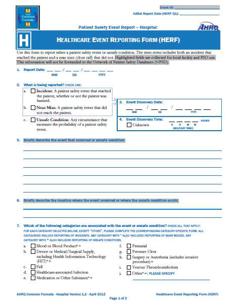 AHRQ의 일반적 양식 중 Healthcare Event Reporting Form