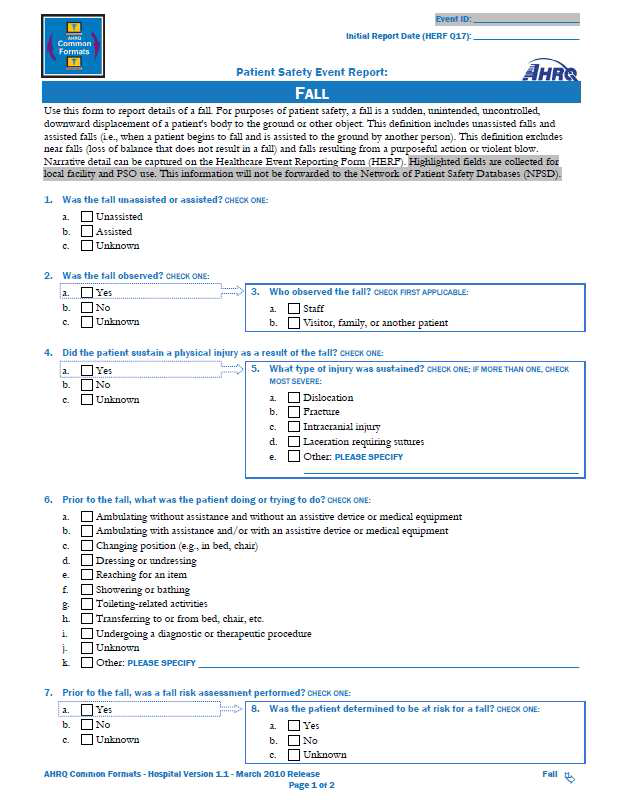 AHRQ의 사고별 보고양식 중 낙상 관련 보고양식
