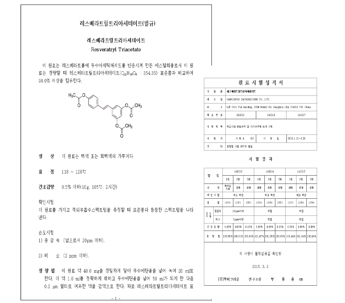 RTA의 원료 규격과 시험 성적서